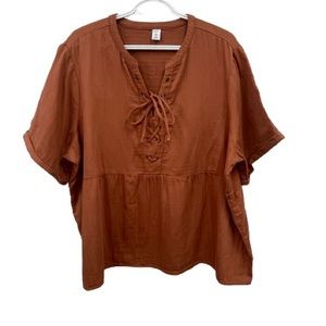 Old Navy Blouse Size Plus XXL Brown Lace Up Tunic Babydoll Top Short Sleeve
